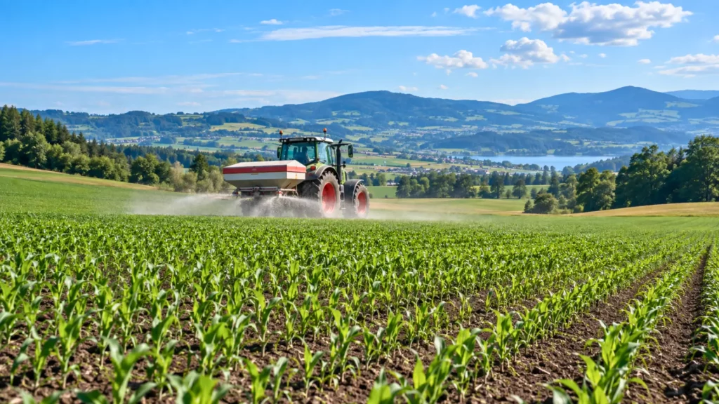 Tracteur épandant des fertilisants dans un vaste champ cultivé sous un ciel bleu.