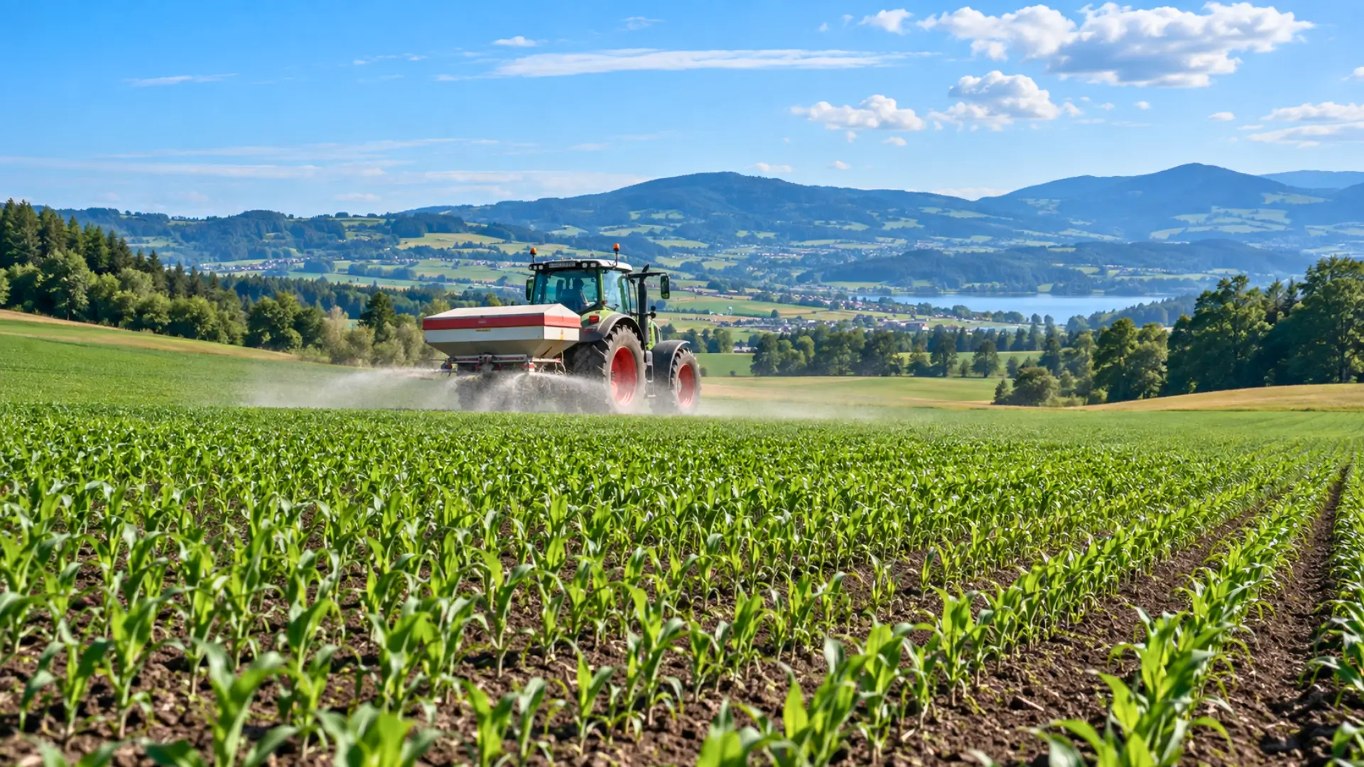 Tracteur épandant des fertilisants dans un vaste champ cultivé sous un ciel bleu.