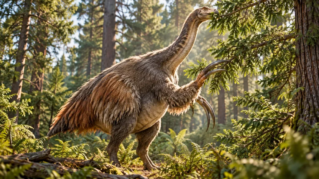 Reconstitution d’un Kayrasaurus changliensis couvert de plumes, utilisant ses longues griffes pour atteindre des branches dans une forêt du Crétacé.