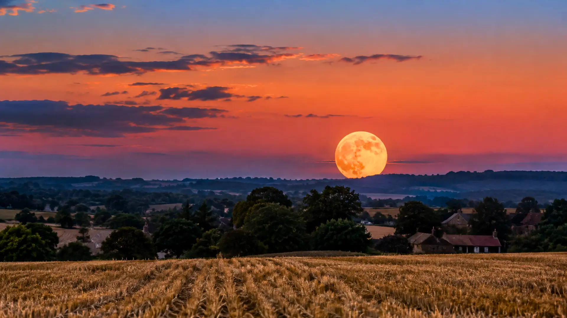 Lune des moissons orangée se levant au-dessus des champs à la fin du mois de septembre