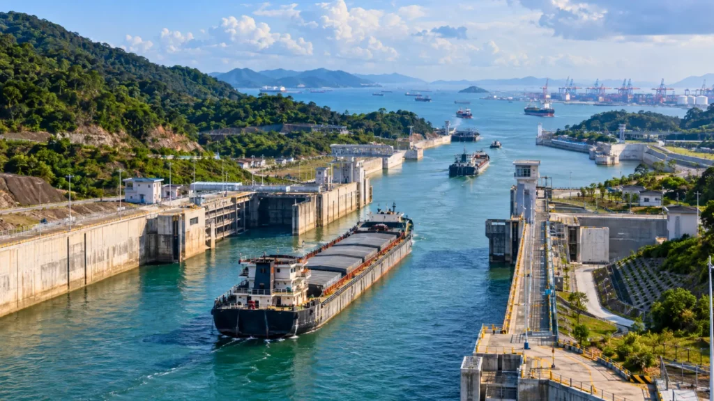 Vue aérienne du canal Pinglu en Chine avec des cargos franchissant des écluses vers le golfe de Beibu.