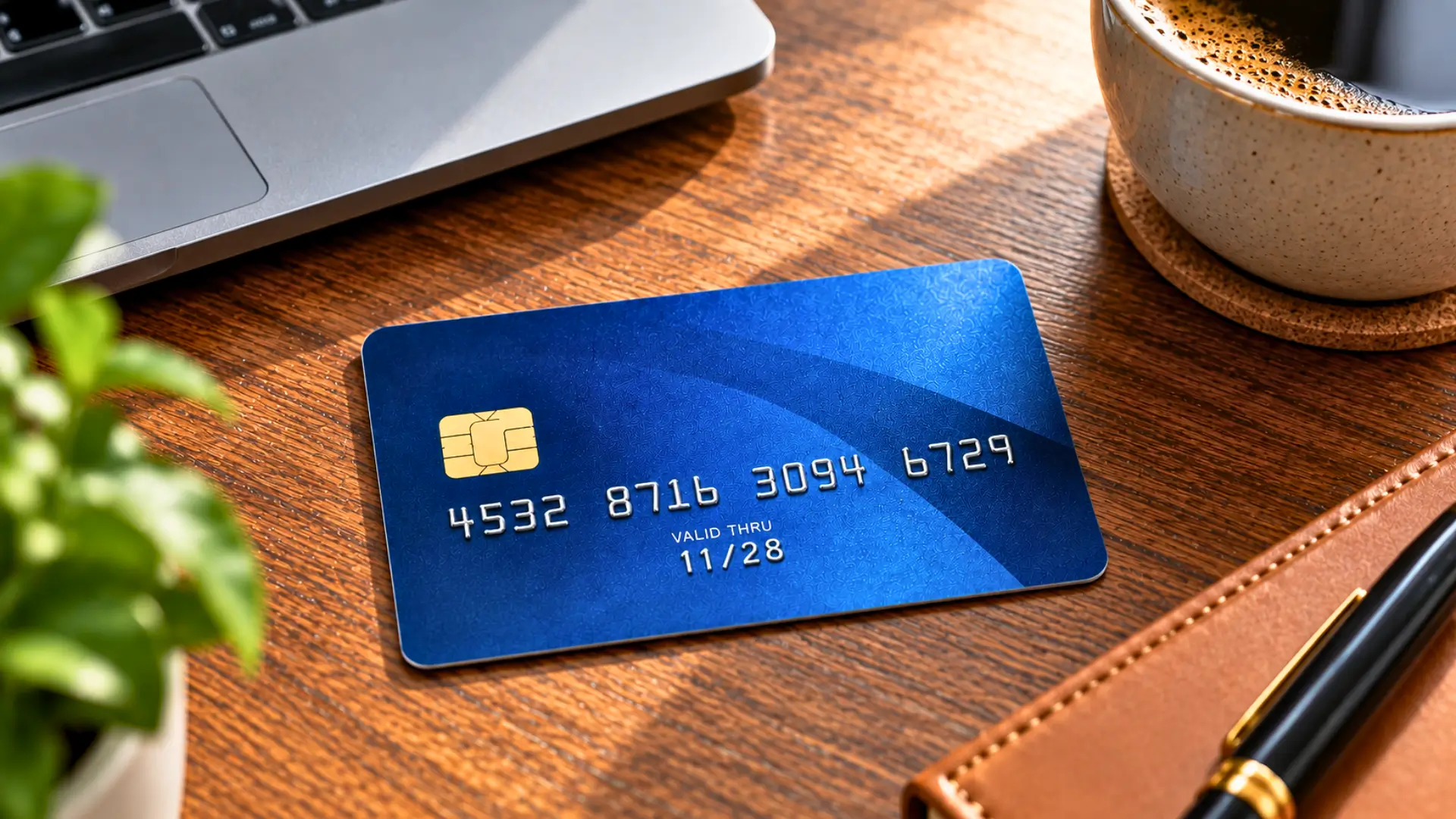 Carte bancaire bleue posée sur un bureau, illustrant le chiffre de contrôle calculé avec l’algorithme de Luhn.