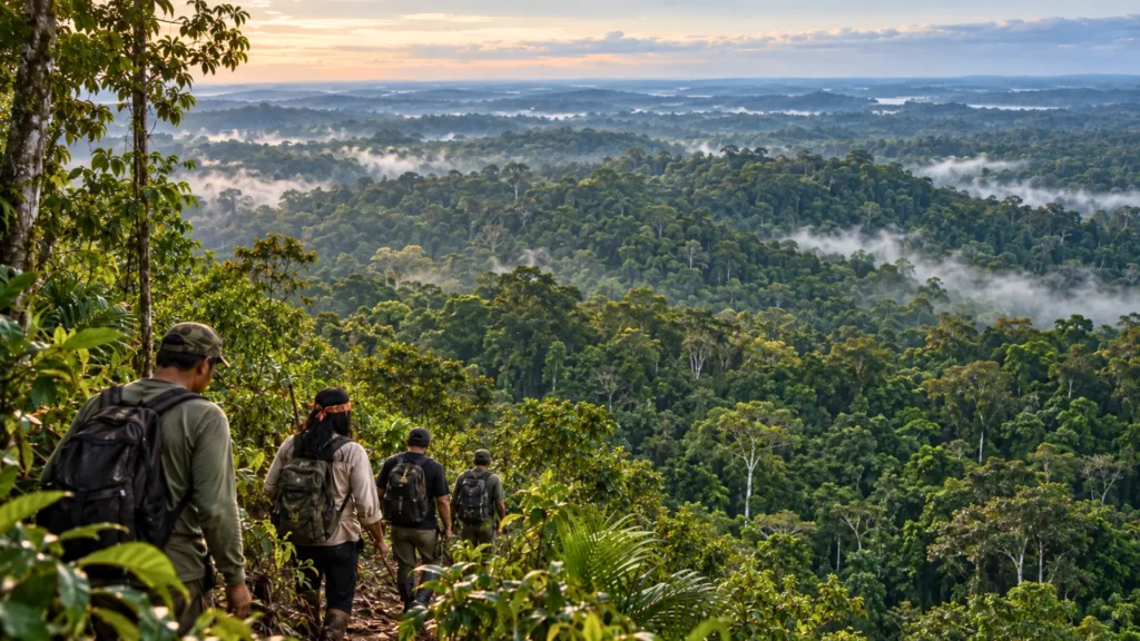 Gardiens autochtones et locaux marchant au bord d’une vaste forêt tropicale amazonienne couverte de brume au lever du jour.
