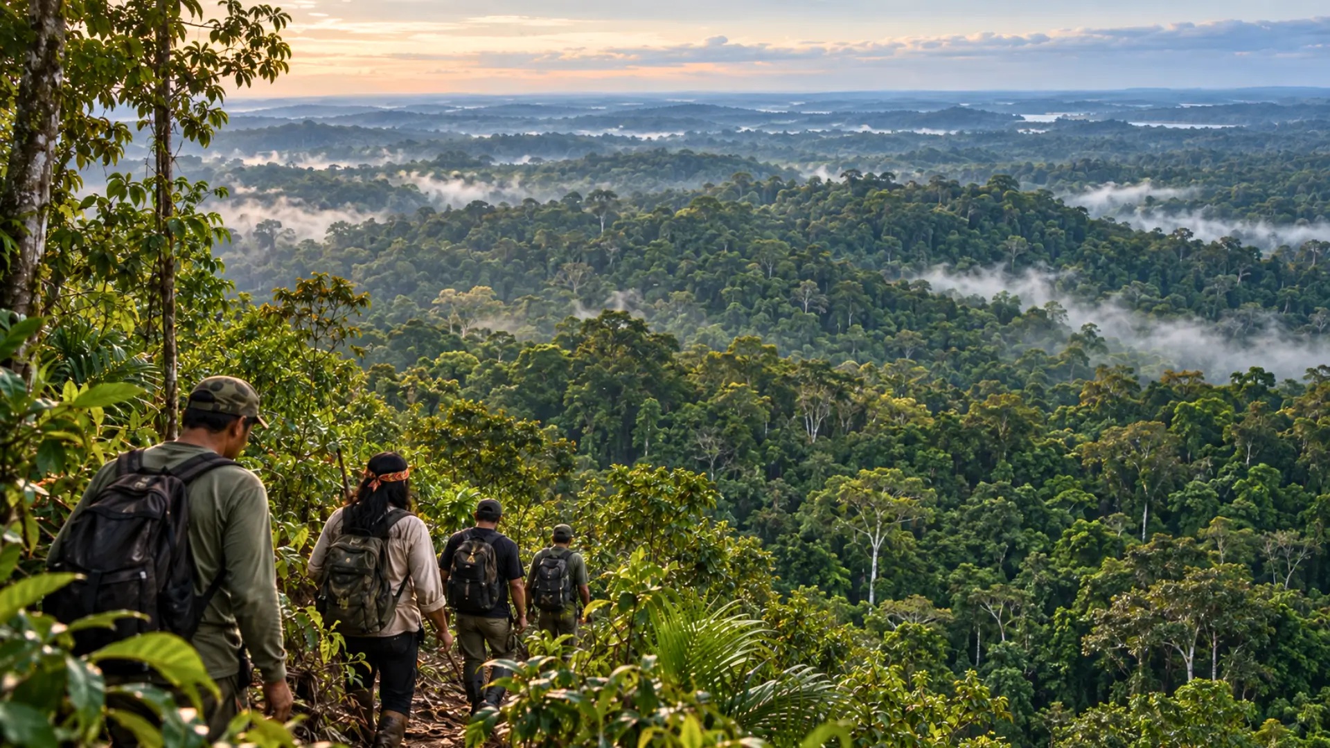 Gardiens autochtones et locaux marchant au bord d’une vaste forêt tropicale amazonienne couverte de brume au lever du jour.