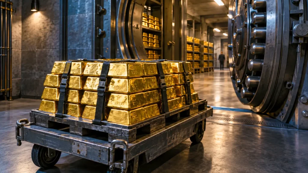 Des lingots d’or sécurisés sur un chariot dans le coffre-fort d’une banque centrale européenne.