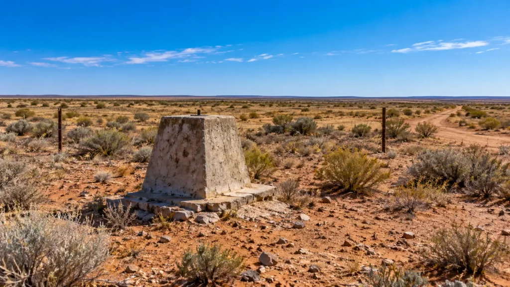 Plaine aride de Maralinga avec borne d’essai et végétation clairsemée autour.