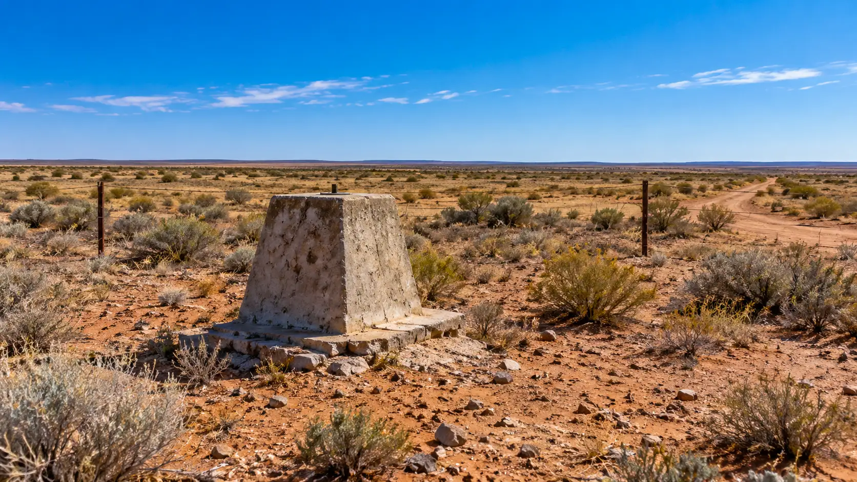Plaine aride de Maralinga avec borne d’essai et végétation clairsemée autour.