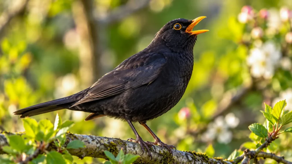 Un merle noir mâle chante sur une branche dans un jardin verdoyant baigné par une douce lumière naturelle.