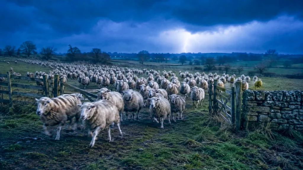 Un vaste troupeau de moutons traverse un pâturage sombre sous un ciel orageux.