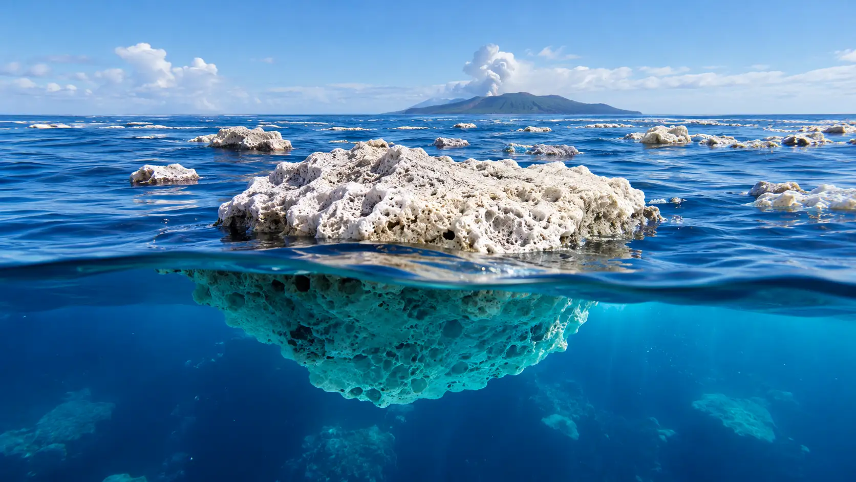 Nappe de pierre ponce flottant sur l’océan devant un volcan sous-marin