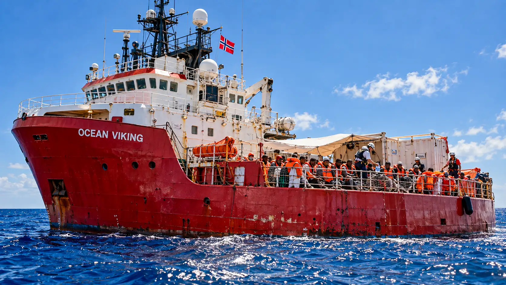 L’Ocean Viking navigue en Méditerranée avec des migrants secourus rassemblés sur son pont après plusieurs opérations de sauvetage.