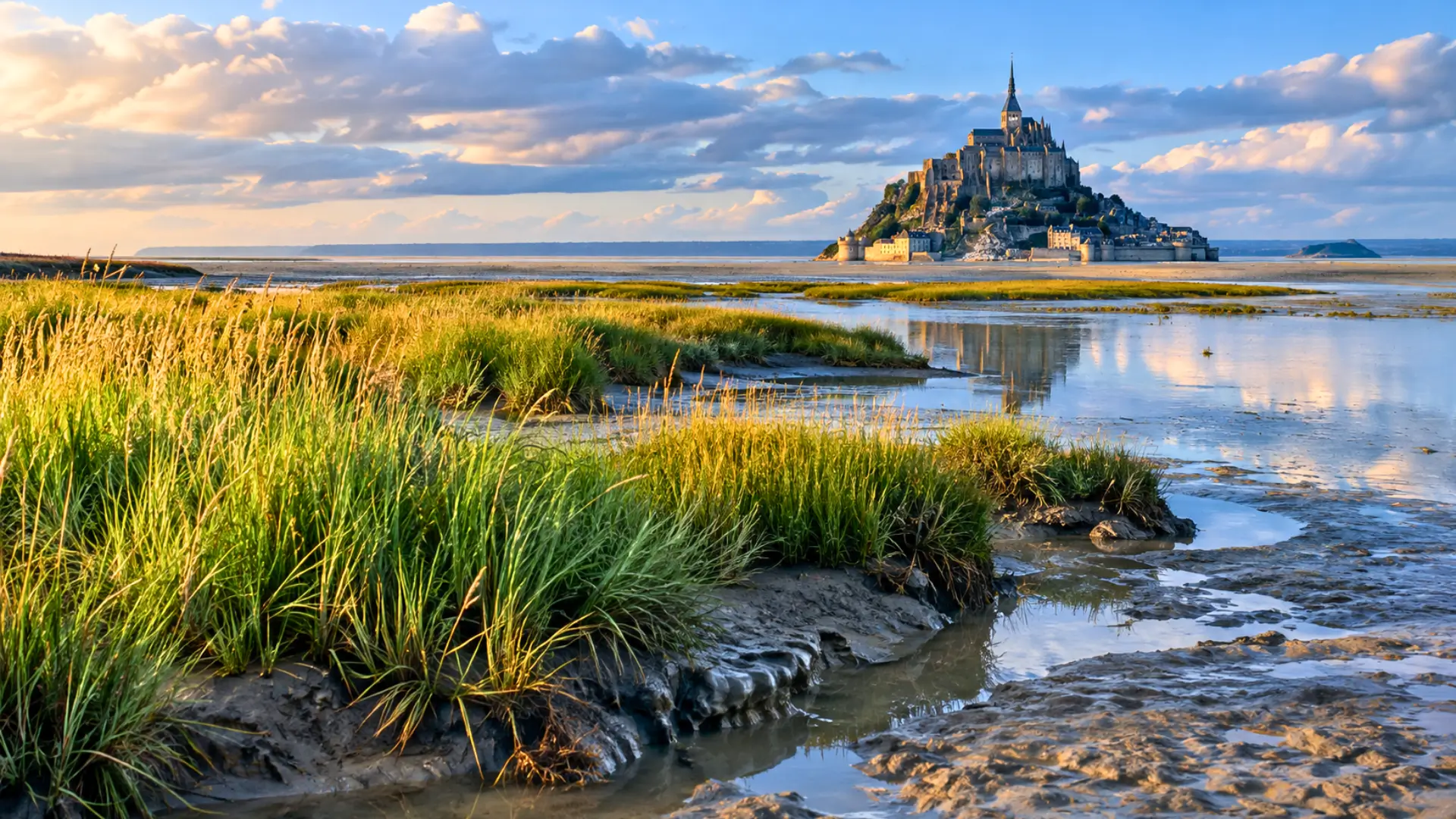 Touffes de spartine sur les vasières et prés salés de la baie du Mont-Saint-Michel à marée basse.