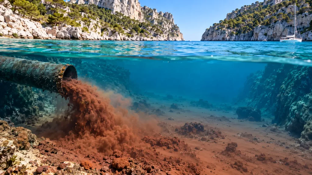 Une conduite sous-marine rejette des boues rouges sous les calanques de Cassis.