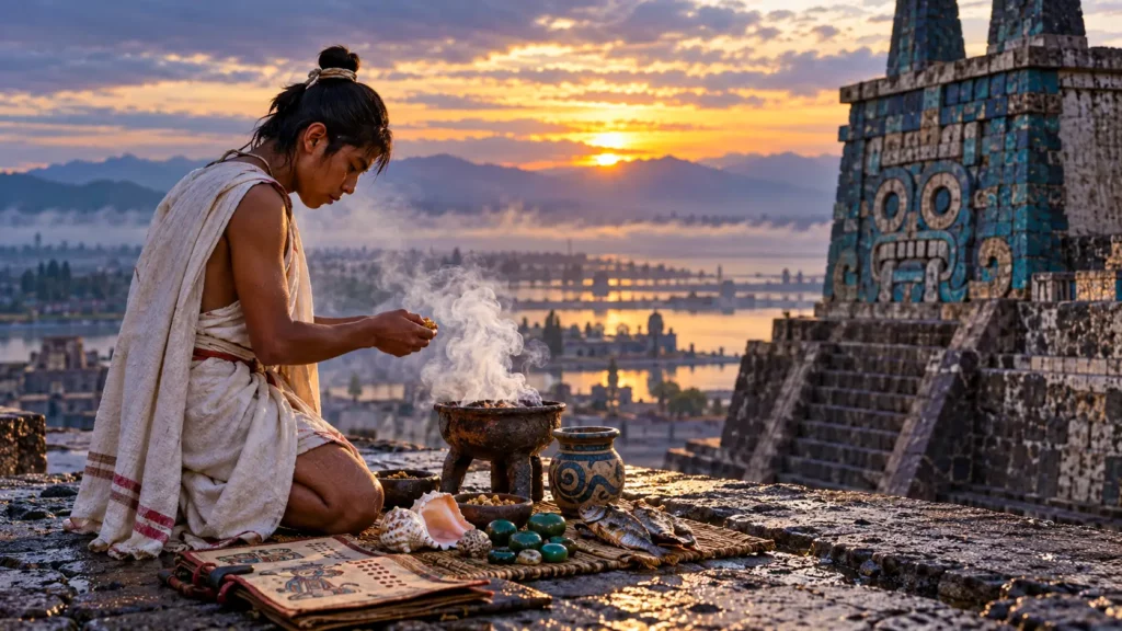 Un prêtre aztèque accomplit un rituel au sommet du Templo Mayor à l’aube, entouré d’offrandes et de fumée de copal.