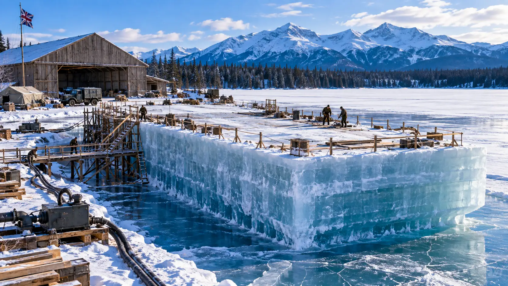 Prototype massif en glace du projet Habbakuk construit sur un lac canadien gelé.