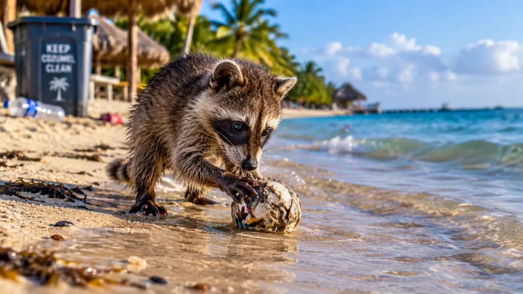 Un jeune raton laveur pygmée de Cozumel manipule une boule formée avec des déchets humides sur une plage mexicaine.