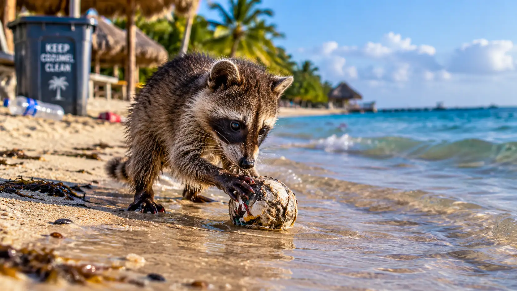 Un jeune raton laveur pygmée de Cozumel manipule une boule formée avec des déchets humides sur une plage mexicaine.