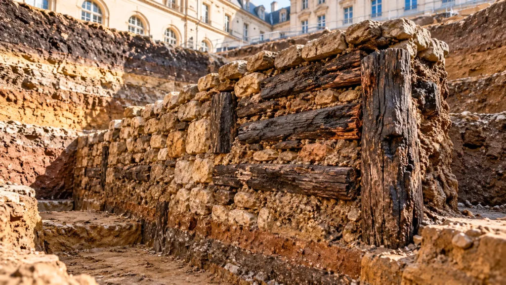 Vestiges d’un ancien rempart gaulois en pierre et en bois mis au jour sous l’Hôtel-Dieu, au cœur de Paris.