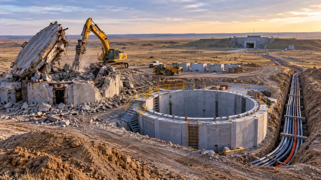 Un chantier militaire montre un ancien silo démoli et une nouvelle structure souterraine.