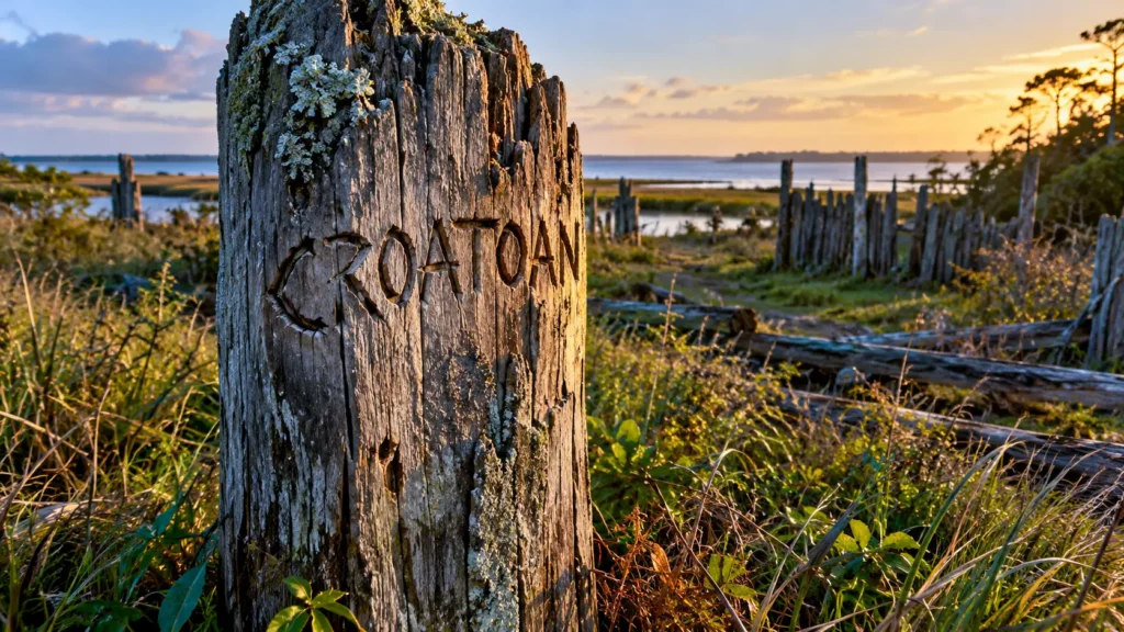 Un ancien poteau en bois porte l’inscription « CROATOAN », face aux vestiges d’une colonie abandonnée sur la côte de Roanoke.
