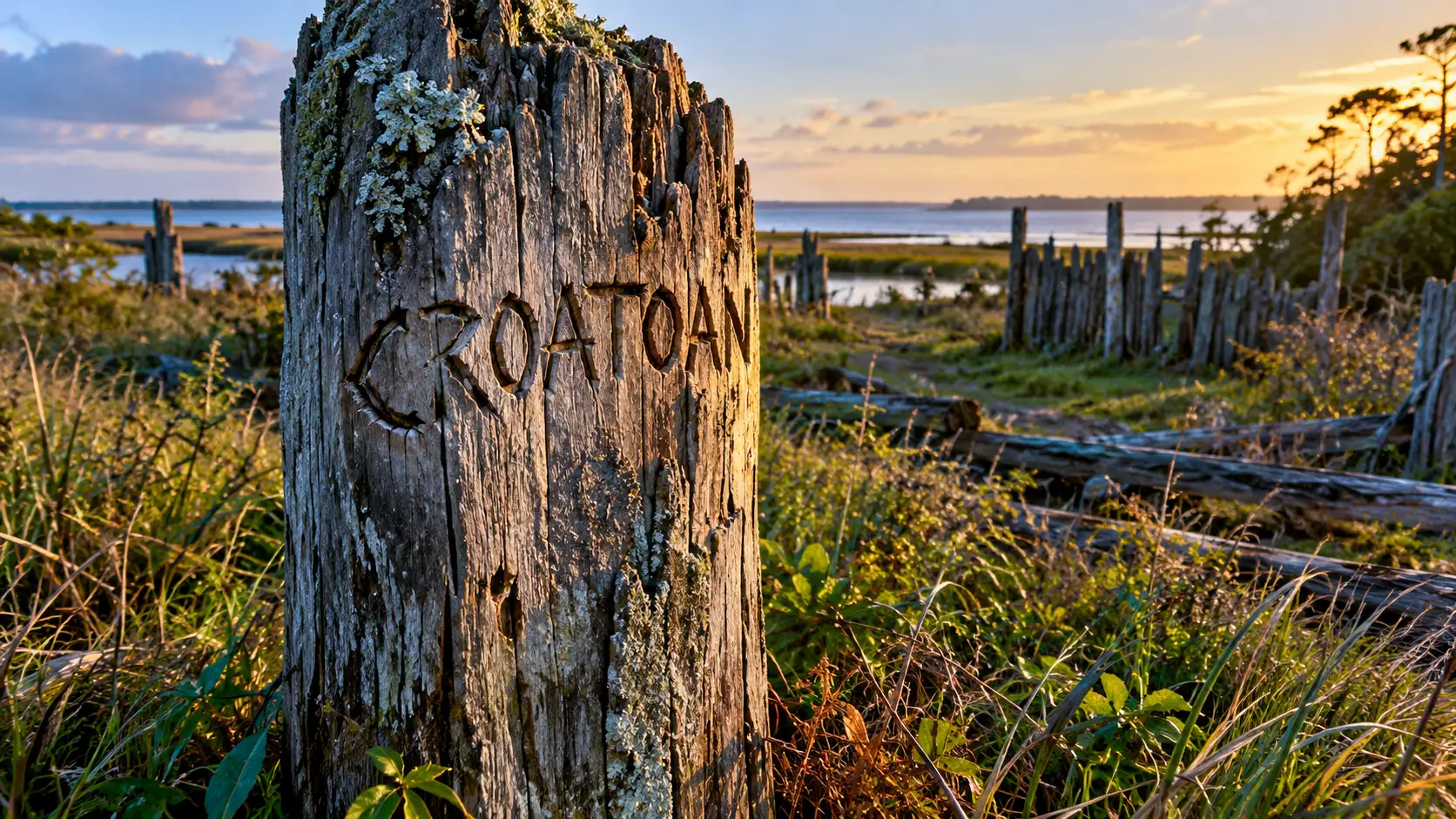 Un ancien poteau en bois porte l’inscription « CROATOAN », face aux vestiges d’une colonie abandonnée sur la côte de Roanoke.
