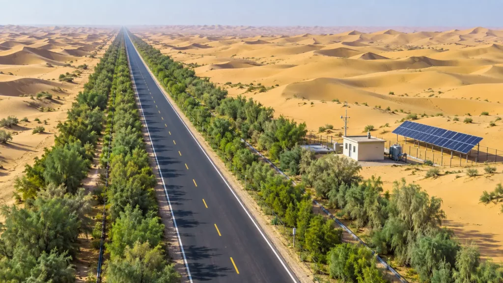 Une route traverse les dunes du Taklamakan, bordée de végétation et panneaux solaires.
