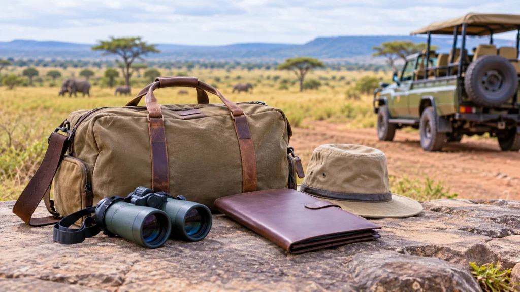 Équipement de safari posé face à la savane kényane et aux éléphants.