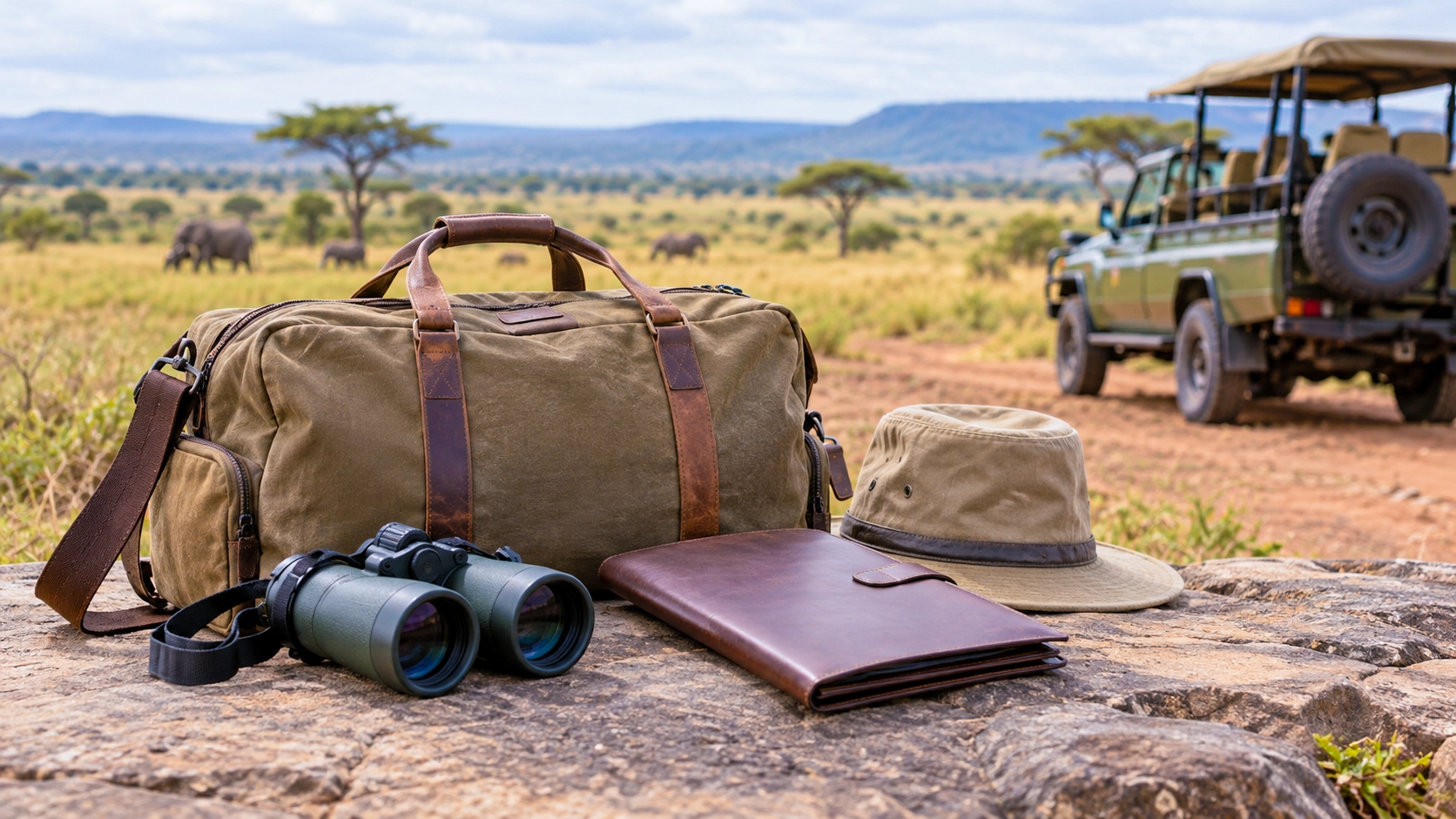 Équipement de safari posé face à la savane kényane et aux éléphants.