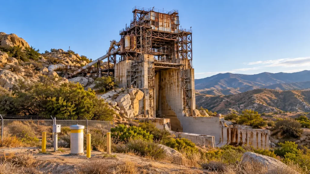 Banc d’essai rouillé du Santa Susana Field Laboratory dans les collines sèches.