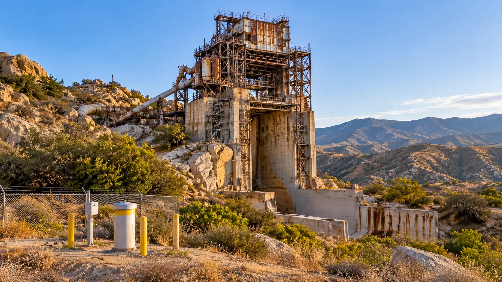 Banc d’essai rouillé du Santa Susana Field Laboratory dans les collines sèches.