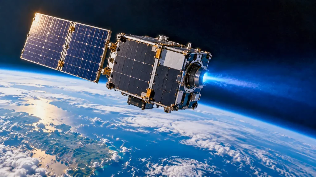 Un satellite en orbite terrestre active son propulseur électrique à l’iode, produisant un faisceau de plasma bleu au-dessus de la Terre.