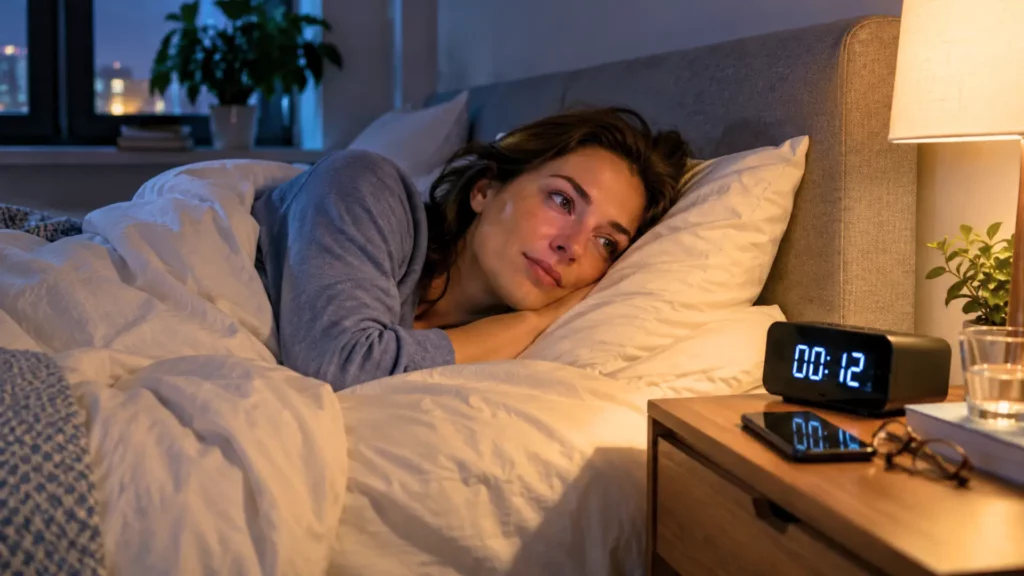 Femme éveillée dans son lit après minuit, regardant un réveil numérique affichant 00 h 12.