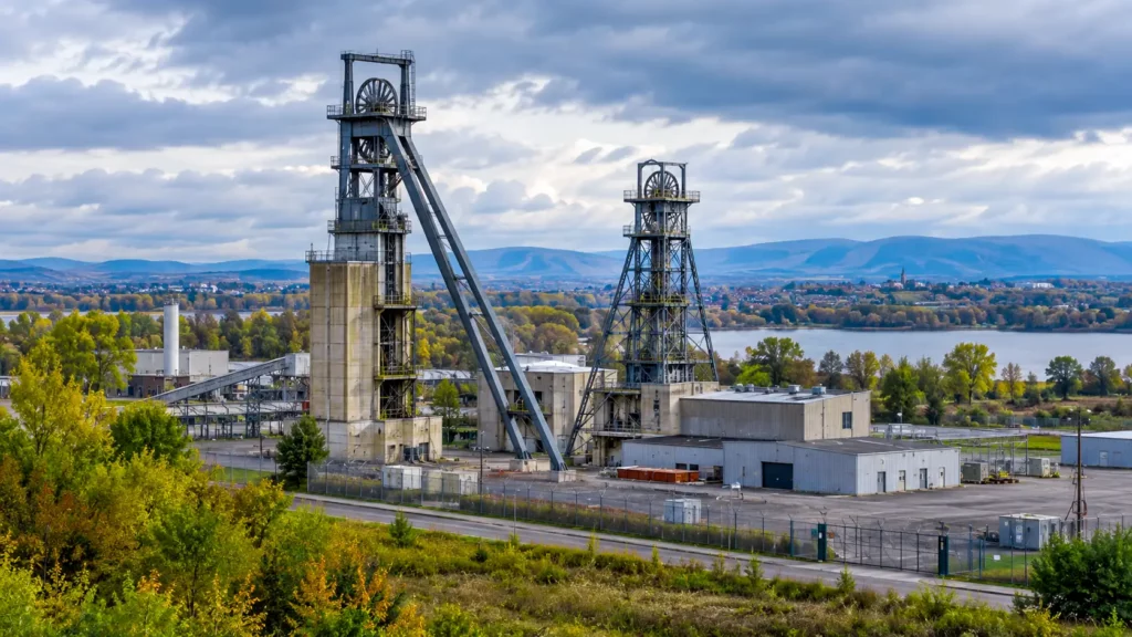 Site minier de Wittelsheim sous un ciel gris dans le paysage alsacien.