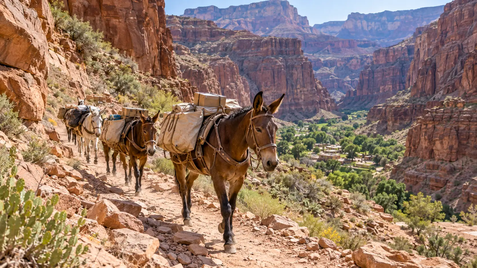 Convoi de mules chargées de colis sur un sentier rocheux vers Supai.