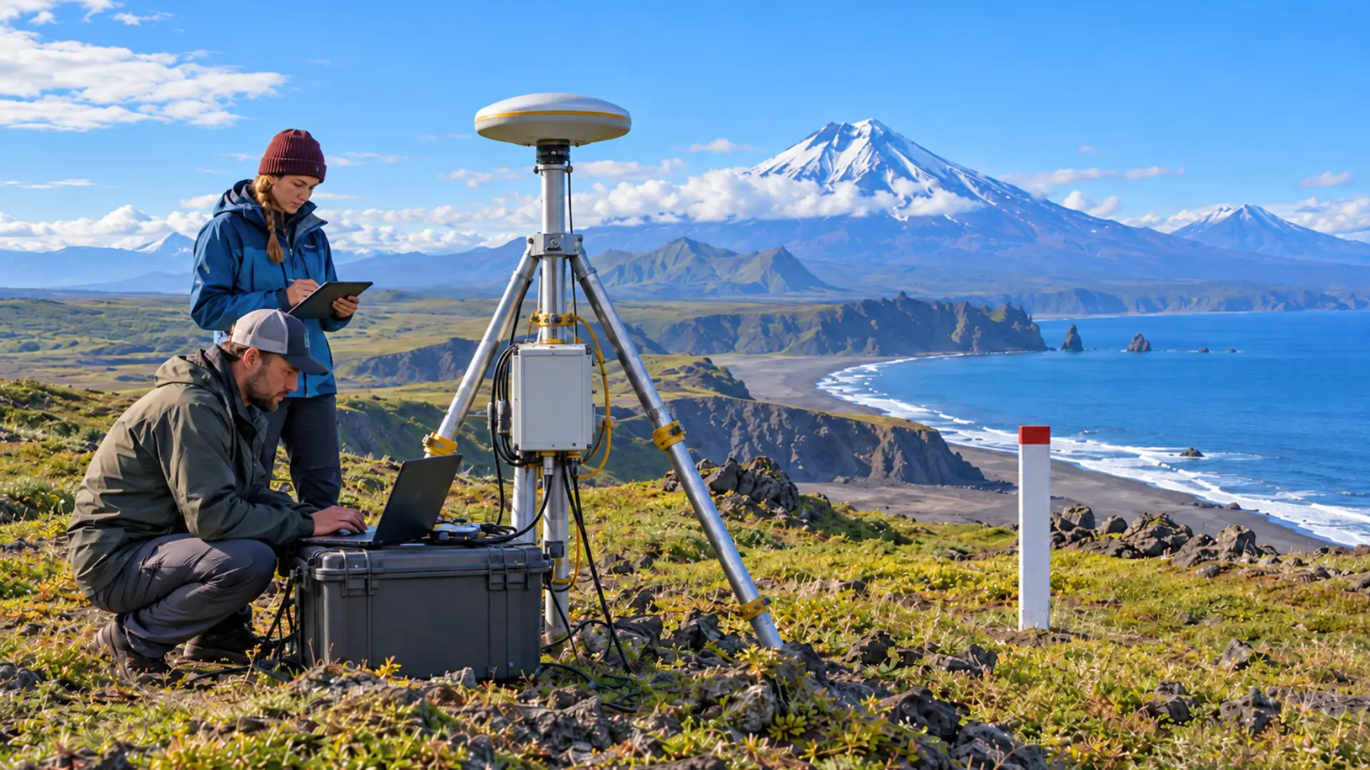 Deux géophysiciens travaillent près d’une station GNSS sur la côte du Kamtchatka, avec des volcans et l’océan en arrière-plan.