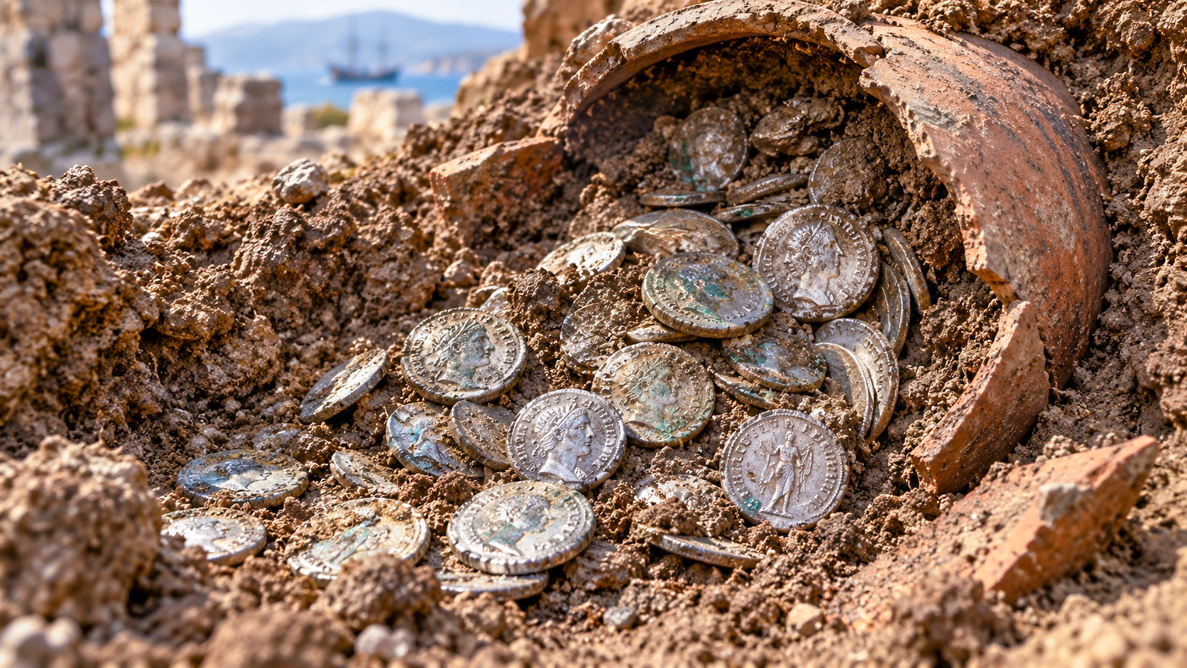 Un trésor de monnaies romaines en argent apparaît dans une amphore brisée au cœur d’un site archéologique méditerranéen.