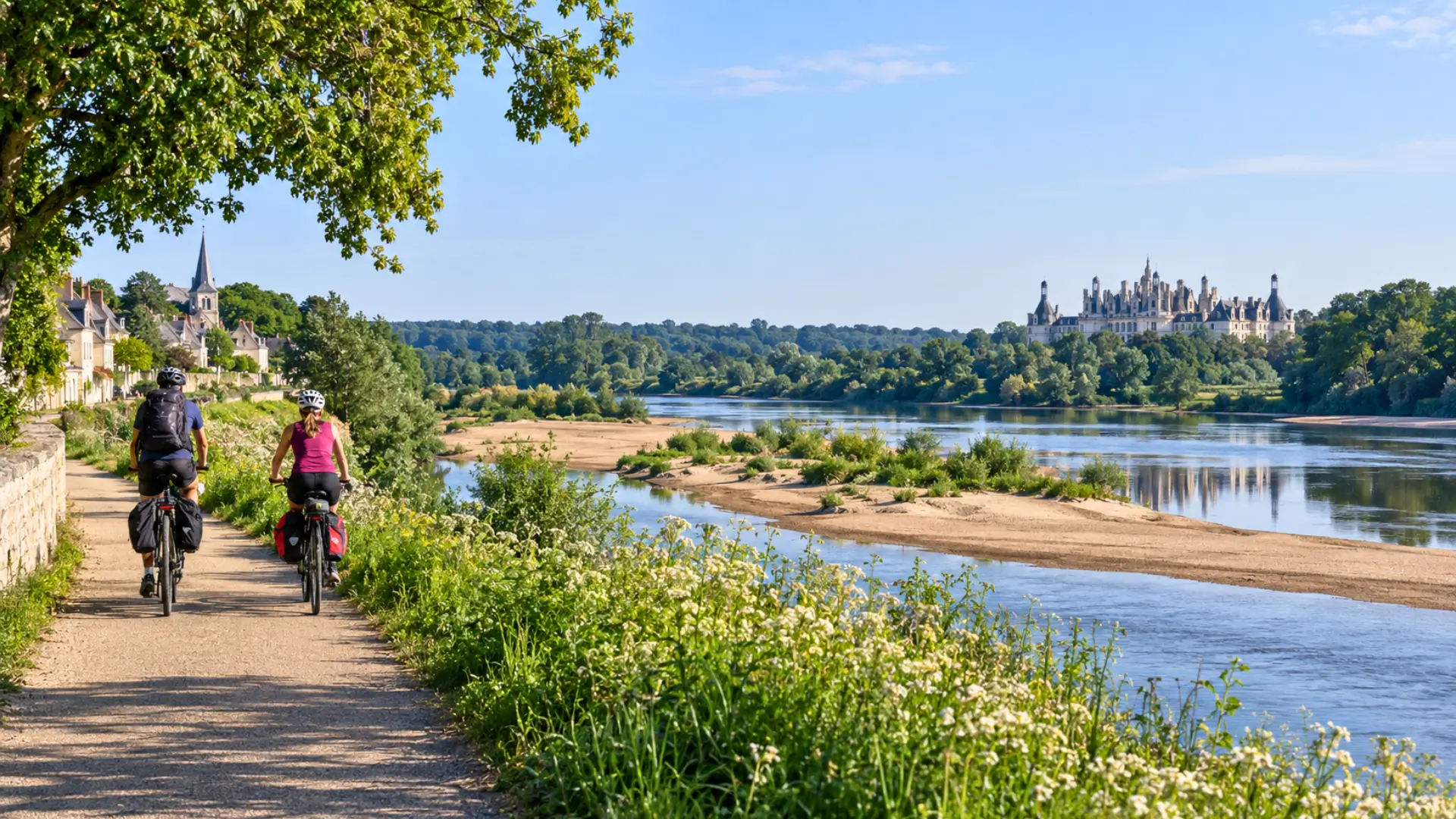 Deux cyclistes roulent sur une piste au bord de la Loire, avec des bancs de sable, une végétation verdoyante et un château à l’horizon.