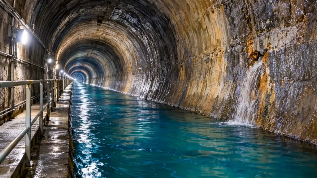 Un vaste tunnel souterrain transporte de l’eau tandis qu’une fuite jaillit de la paroi.