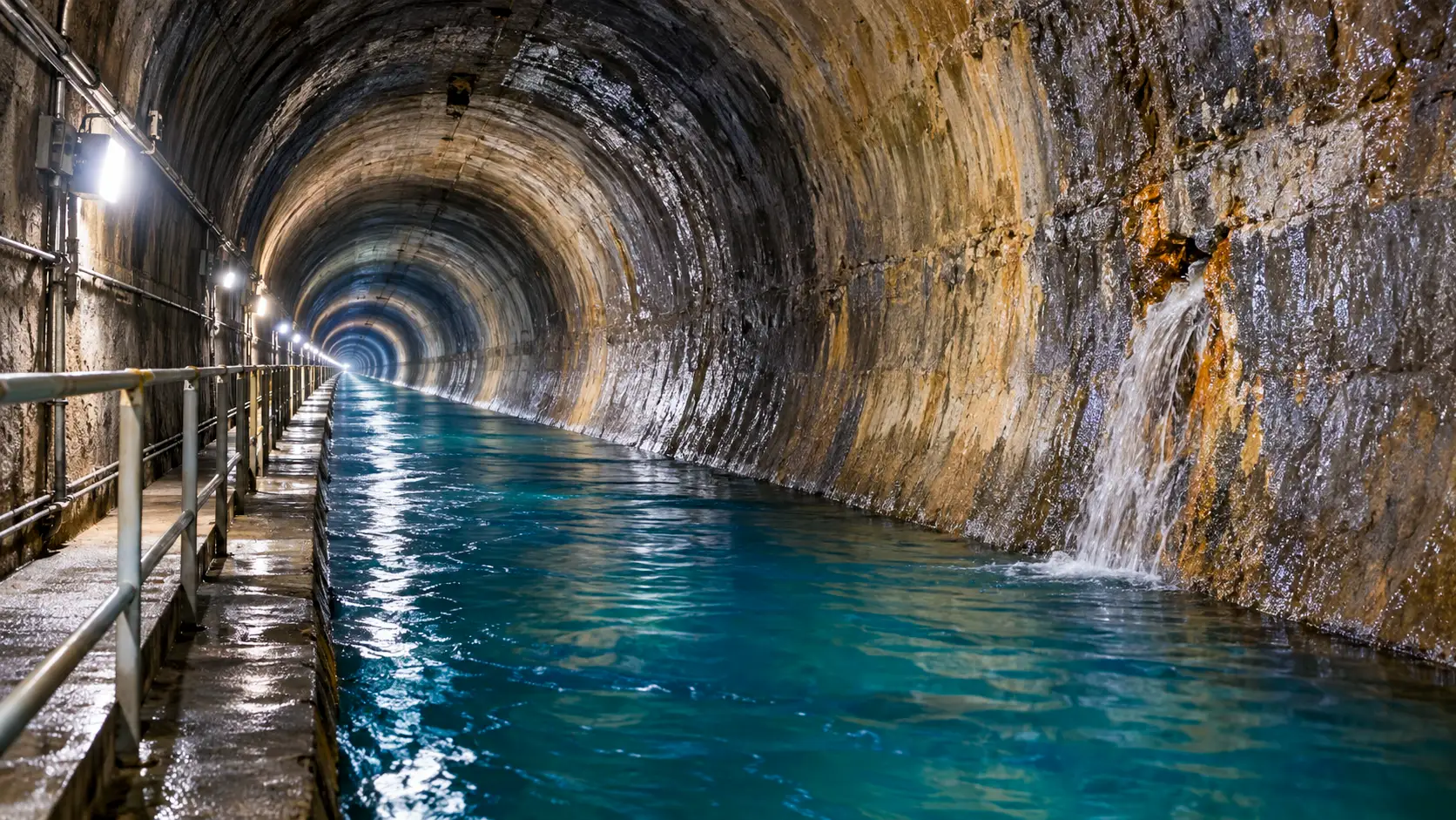 Un vaste tunnel souterrain transporte de l’eau tandis qu’une fuite jaillit de la paroi.