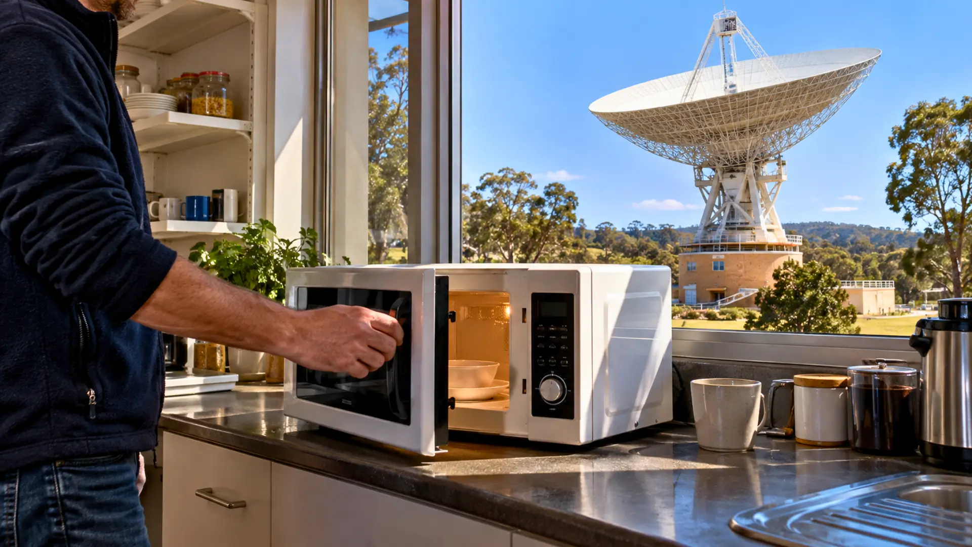 Four à micro-ondes ouvert devant le radiotélescope de Parkes en Australie