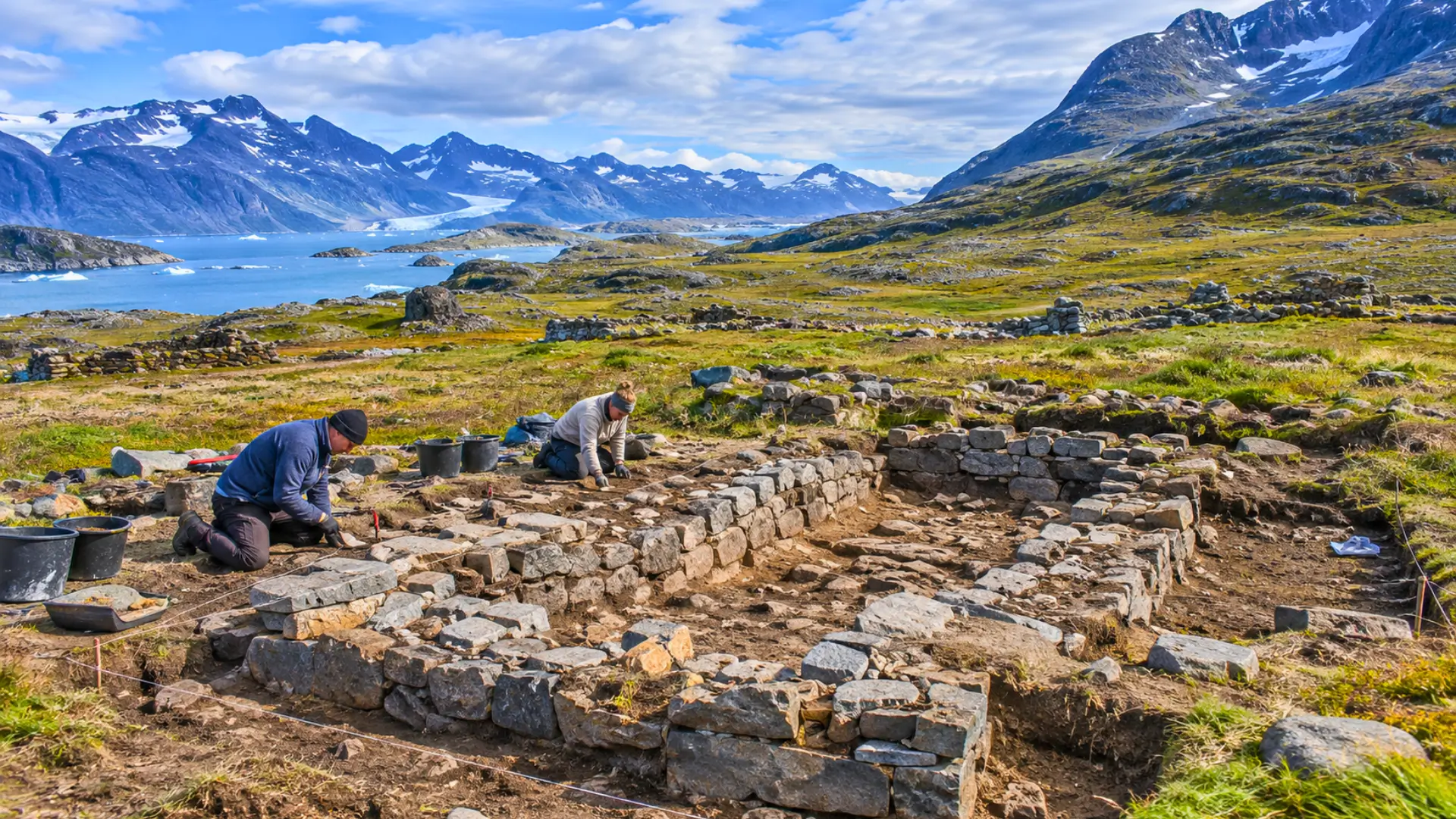 Archéologues fouillant les vestiges d’une église nordique médiévale dans une vallée du Groenland.