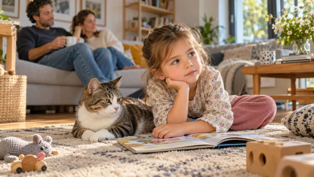 Jeune enfant assise sur un tapis avec un chat domestique, tandis que ses parents apparaissent en arrière-plan dans le salon familial.