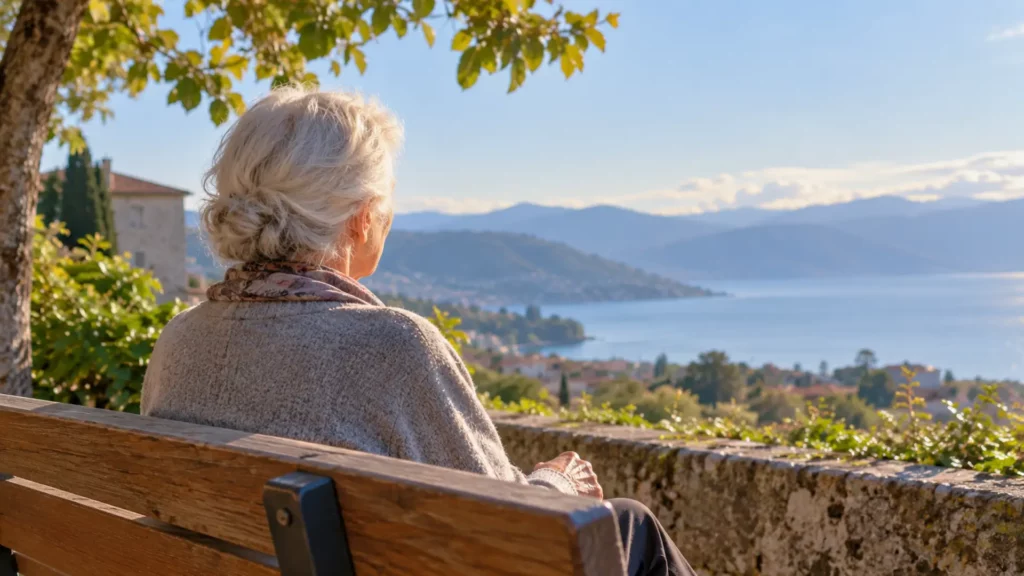 Femme âgée assise sur un banc face à un paysage naturel, illustration du vieillissement et de la longévité.