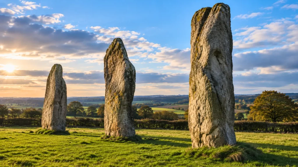 Les trois menhirs des Devil’s Arrows dressés dans la campagne du Yorkshire sous un ciel nuageux