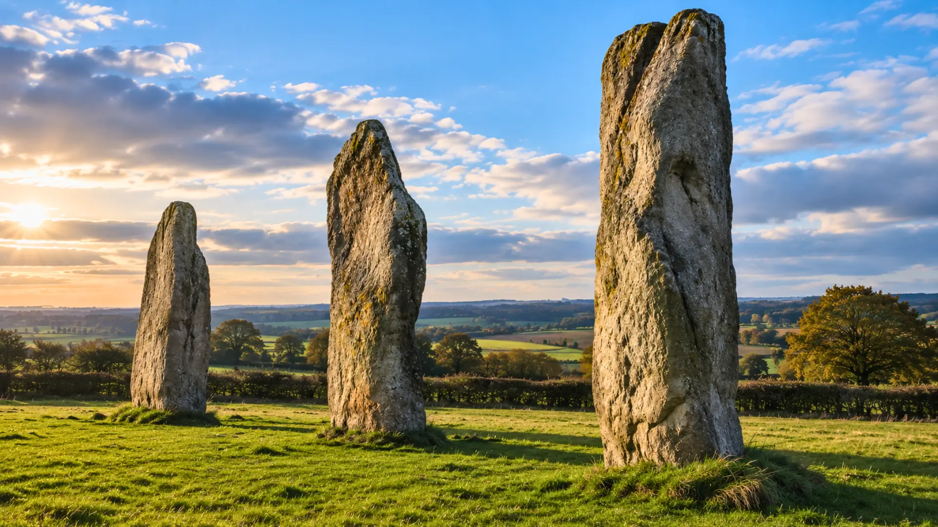 Les trois menhirs des Devil’s Arrows dressés dans la campagne du Yorkshire sous un ciel nuageux