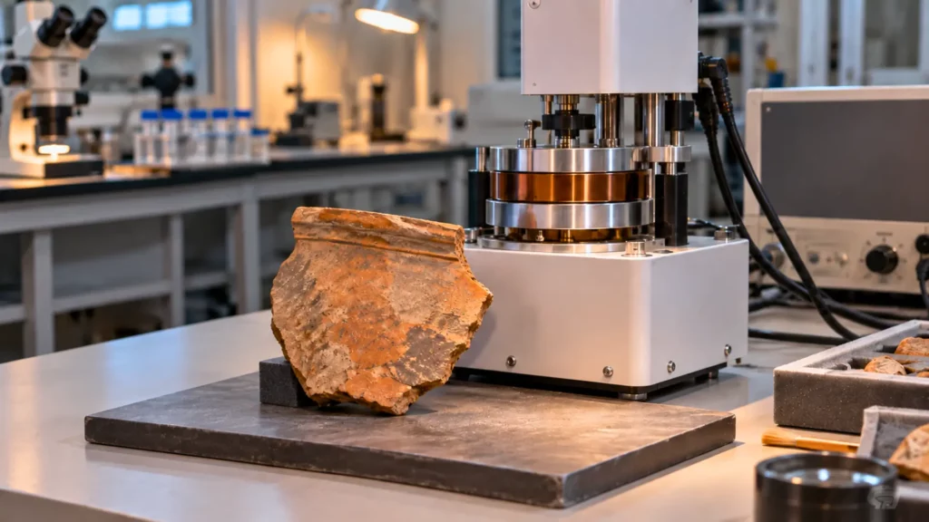 Fragment de poterie antique placé à côté d’un appareil de mesure magnétique dans un laboratoire d’archéométrie.