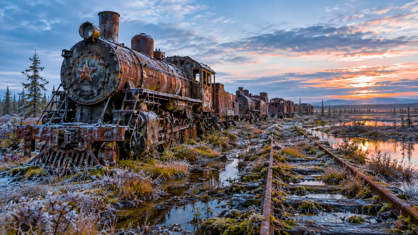 Une locomotive à vapeur rouillée repose sur des rails gelés dans la toundra sibérienne.
