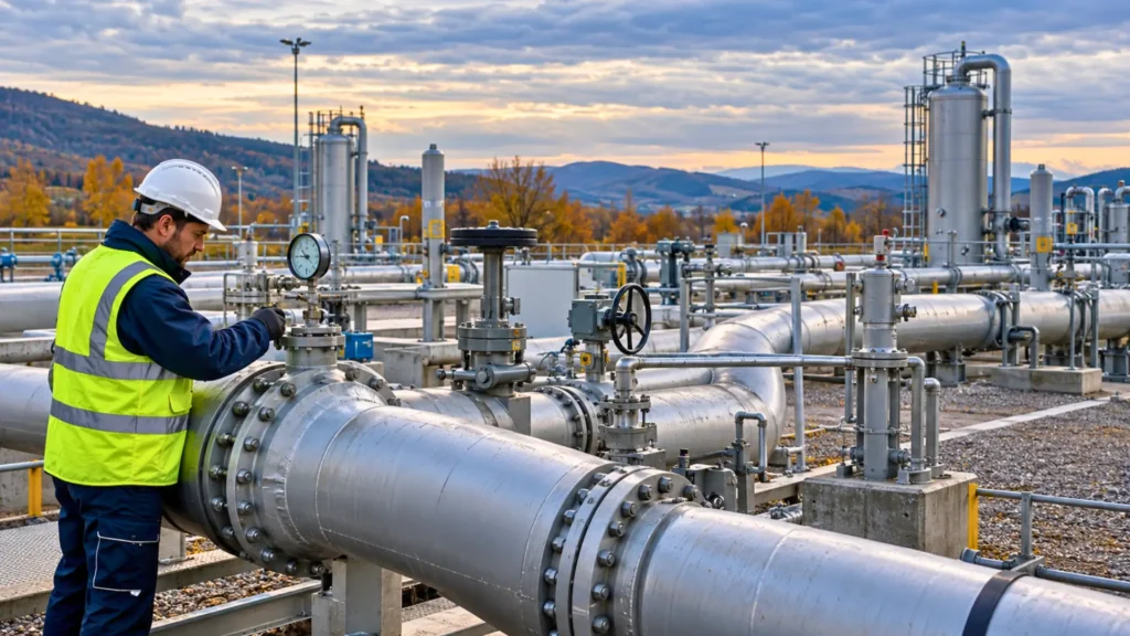 Un technicien contrôle une jauge de pression sur un gazoduc dans une installation européenne de stockage de gaz naturel à l’automne.