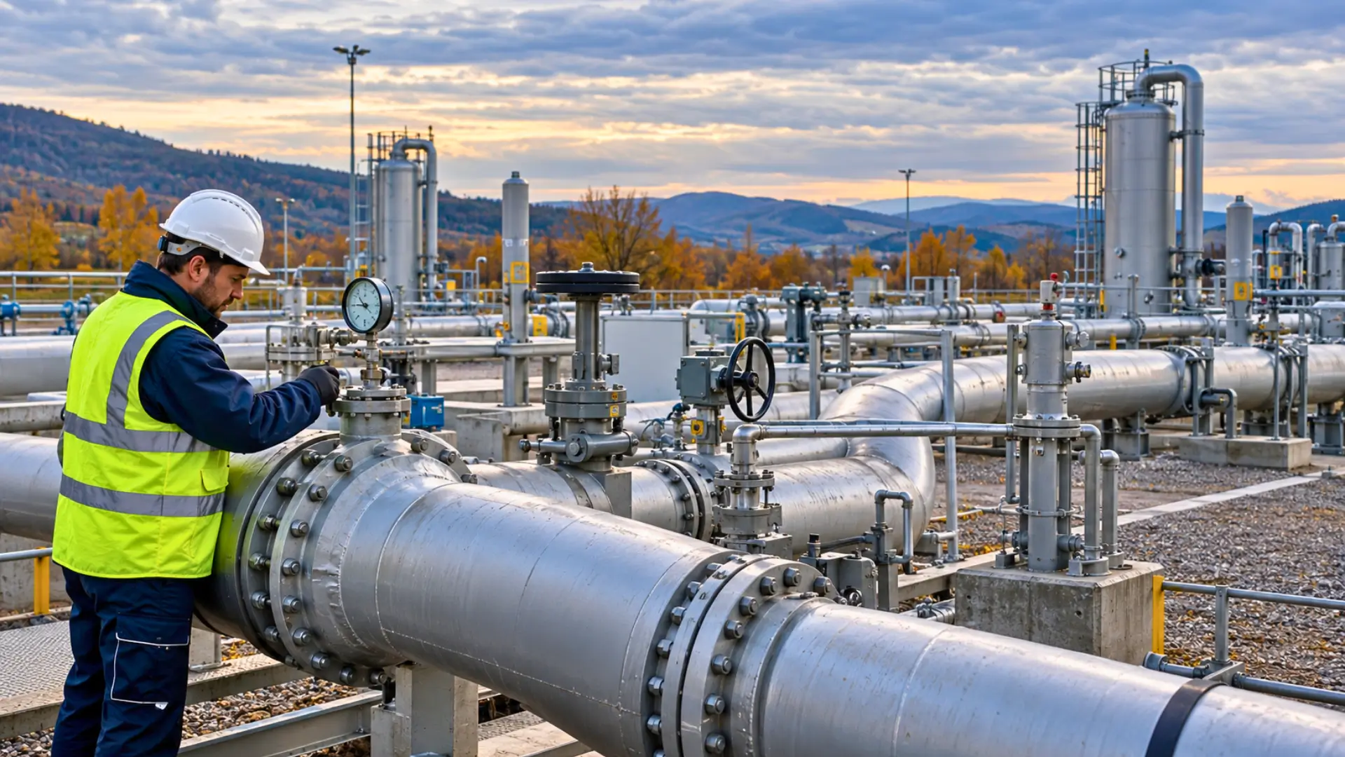Un technicien contrôle une jauge de pression sur un gazoduc dans une installation européenne de stockage de gaz naturel à l’automne.