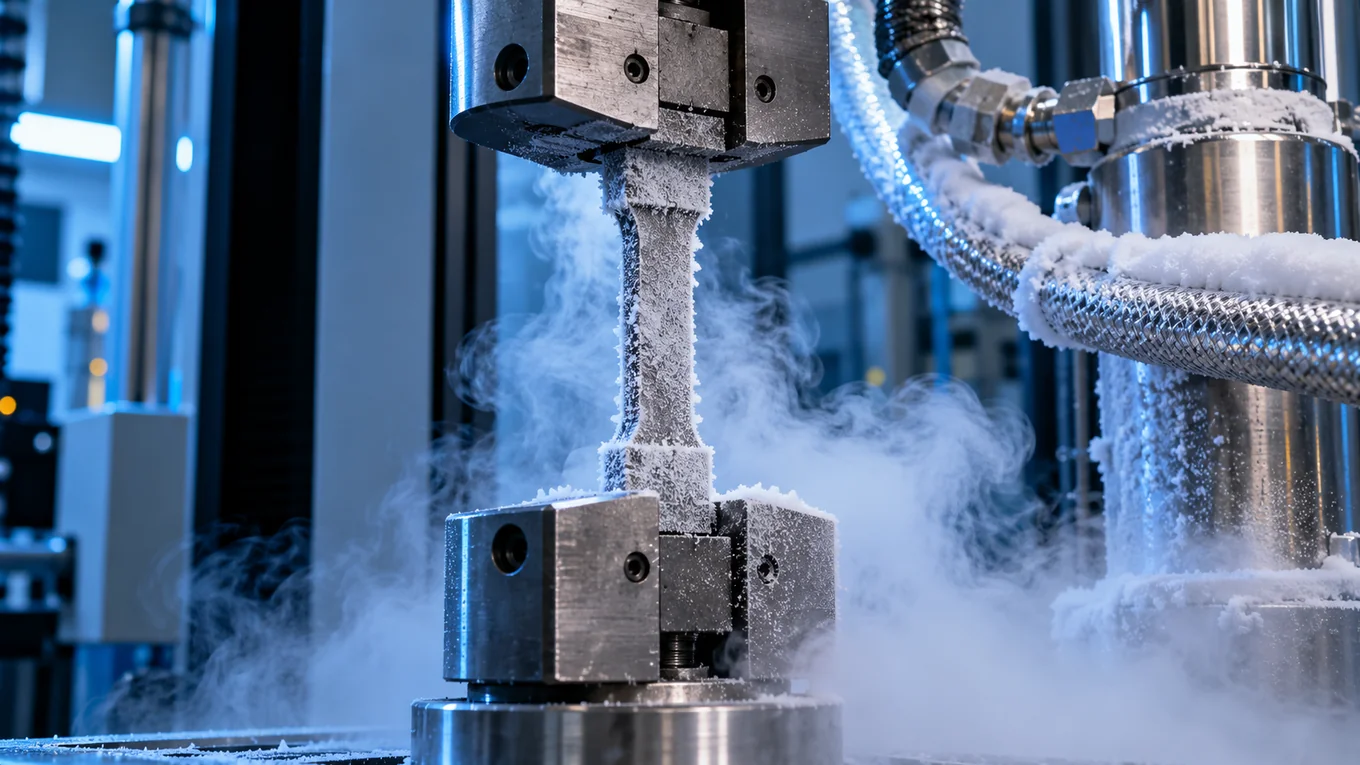 Éprouvette métallique grise fixée dans les mors d'une machine de traction, entourée de vapeurs froides et de givre dans un laboratoire de physique des matériaux
